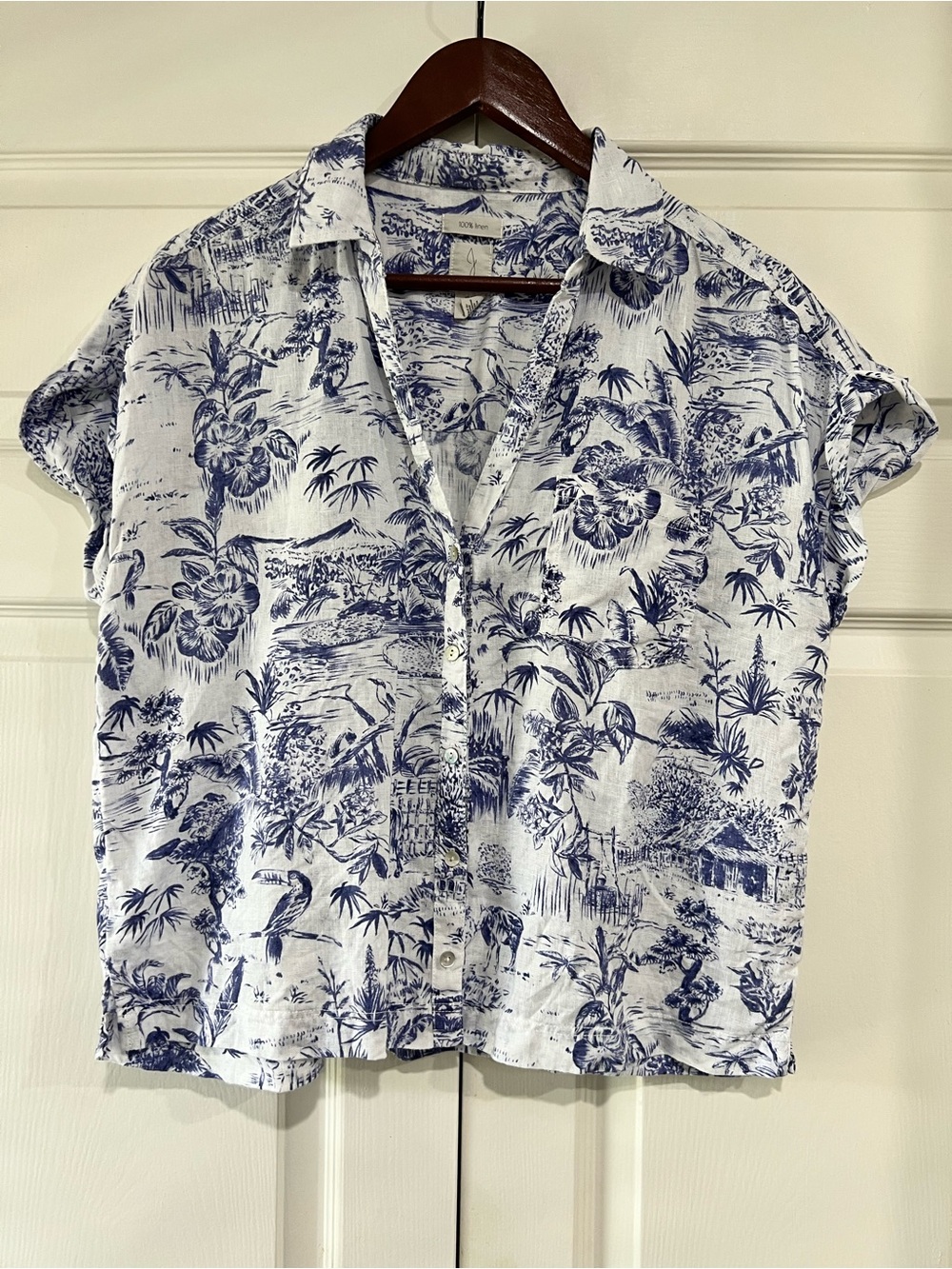 Joie White Shirt with Blue Tropical Sketch Print